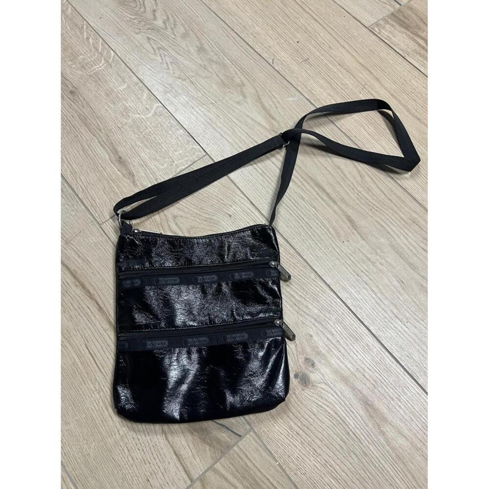 LeSporsac Black Shiny Crossbody Bag with Dual Zip Pockets
